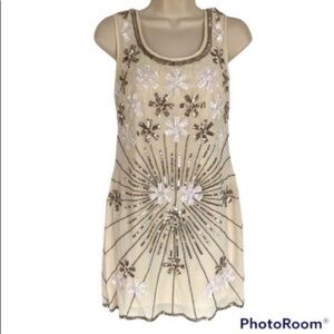ASOS Maya Ivory Gold Silver Sequin Beaded Mini Dress NWT SP Gatsby 20s Scallop